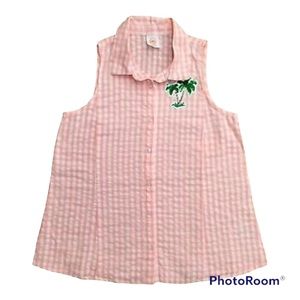 Girls Pink White Gingham Sequin Palm Tree Sleeveless T-Shirt Tank Top 14/16